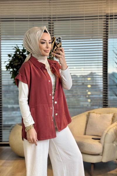7441 Tencel Ön Dikişli Ve Cepli Yelek Kiremit