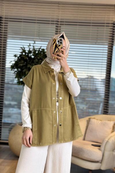 7441 Tencel Ön Dikişli Ve Cepli Yelek Yağ Yeşili