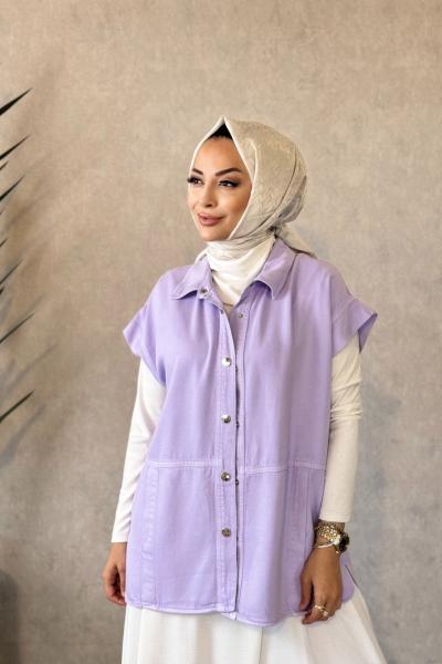 7441 Tencel Ön Dikişli Ve Cepli Yelek Lila