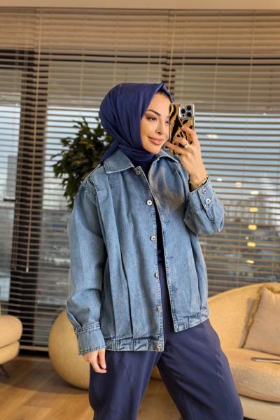 7458 Omuzları Pile Detaylı Kot Ceket Mavi