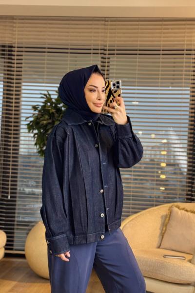 7458 Omuzları Pile Detaylı Kot Ceket Lacivert