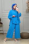 7468 Beli Büzgülü Tunik Pantolon Takım İndigo