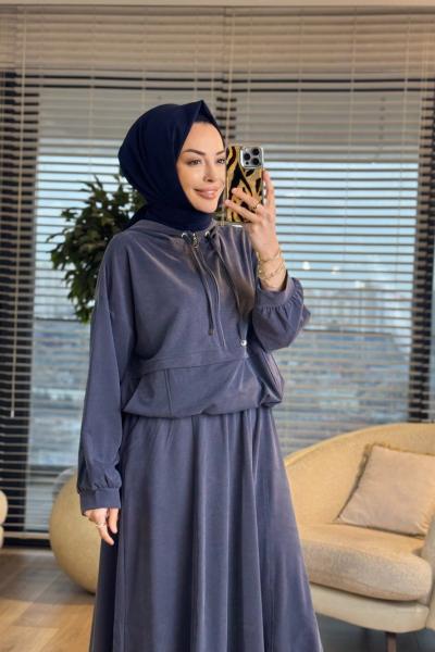 7473 Patı Fermuarlı Bel Parçalı Kapşonlu Takım Lacivert