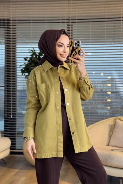 7486 Omuz Zımba Yıldız Detaylı Kot Ceket Yağ Yeşili
