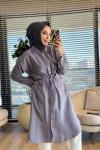 7501 Ön Düğmeli Kuşaklı Uzun Tunik Gri