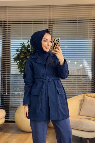 7507 Şal Dügmesiz Kot Trenç Lacivert