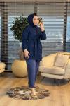 7507 Şal Dügmesiz Kot Trenç Koyu Lacivert