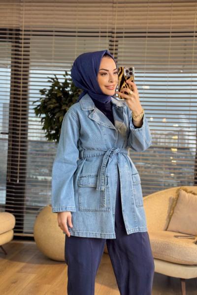 7507 Şal Dügmesiz Kot Trenç Koyu Açık Mavi