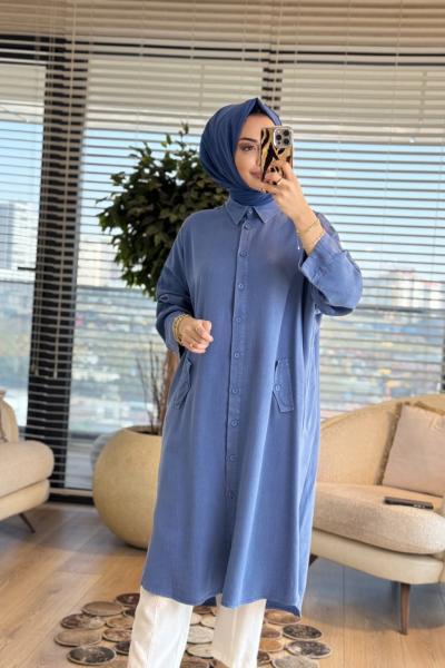 7509 Tencel Ön Düğmeli Cep Kapaklı Uzun Tunik Mavi
