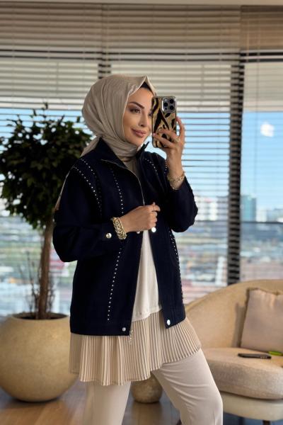 7519 Önü Zımbalı Kot Ceket Lacivert