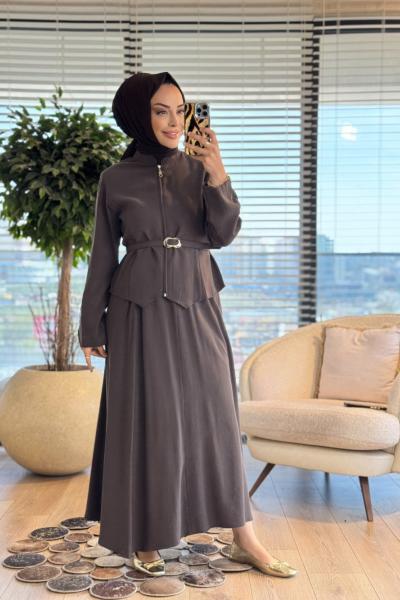 7520 Ön Fermuarlı Kemerli Etekli Takım Kahve