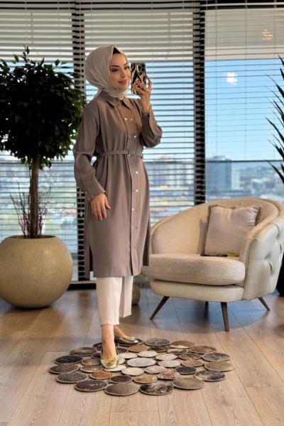 7522 Ön İki Sıra Metal Düğmeli Uzun Tunik Vizon