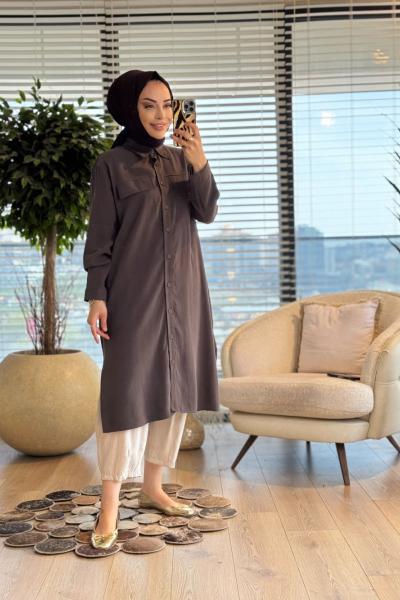 7524 Roba Cep Kapaklı Ve Dikişli Uzun Tunik Kahve