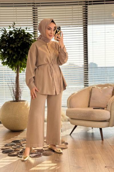 7526 Önü Pile Dikişli Yakasız Kot Takım Bej