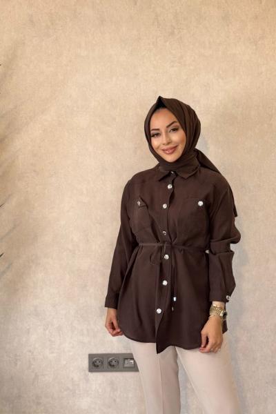 7561 Roba İki Cebli Metal Düğmeli Tunik Kahverengi