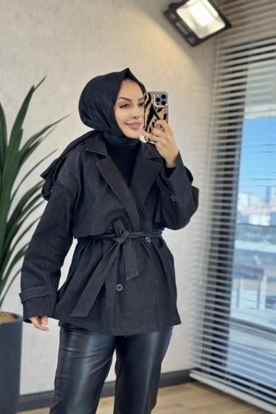7674 Aller Detaylı Trenç Siyah