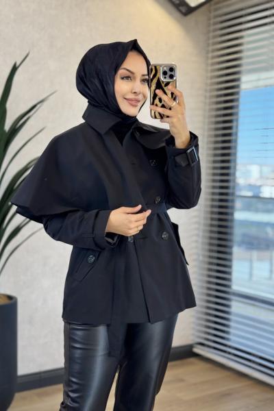 7764 Pelerin Detaylı Trenç Siyah