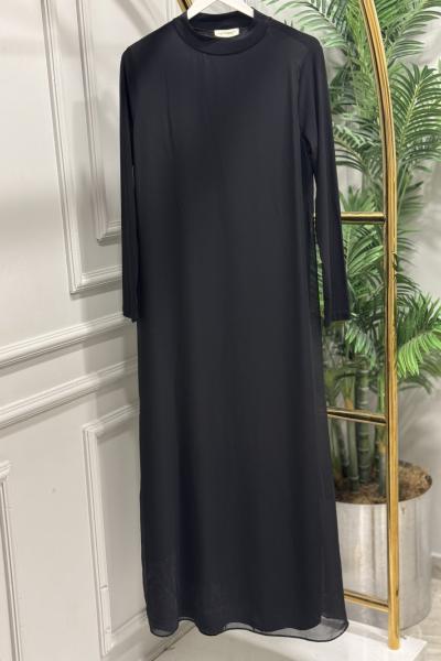 785 Yakalı Önü Şifon Uzun Kol Elbise Siyah