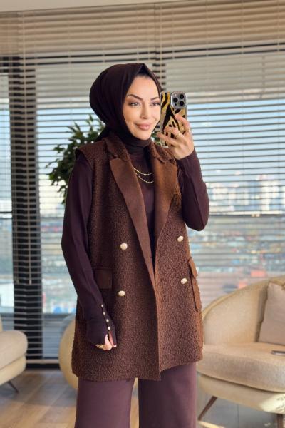 7889 Bukle Dört Düğmeli Yelek Kahve