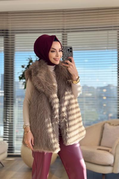 7921 Peluş Yakalı Düğmesiz Yelek Haki