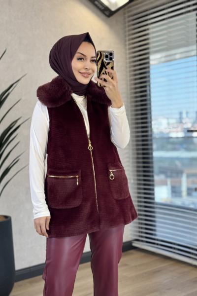 7951 Yaka Kürklü Cebi Fermuarlı Angora Yelek Bordo