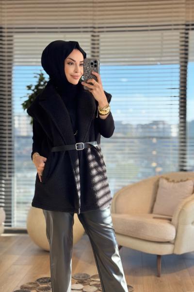 7979 Bukle Kemer Detaylı Yelek Siyah
