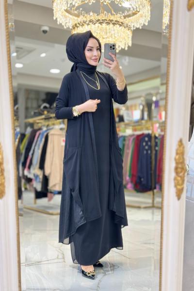 798 Garni Şifonlu Asimetrik Uzun Ceket Siyah