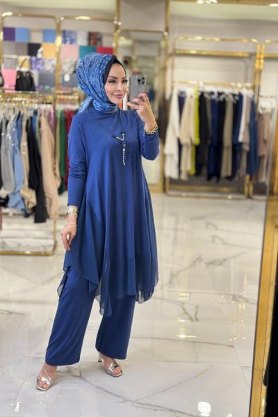 819 Asimetrik Şifon Detaylı Penye Takım İndigo