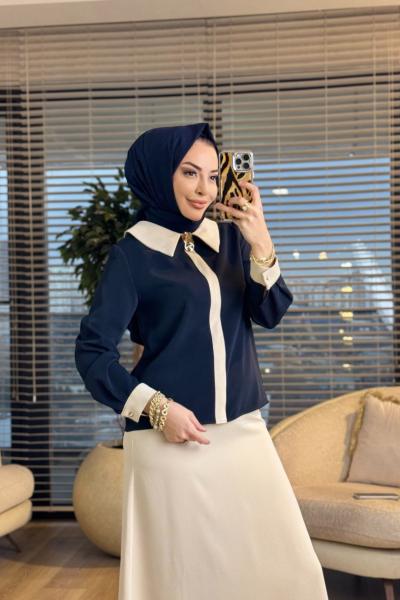 8211 Patı Şerit Detaylı Broşlu Takım Lacivert