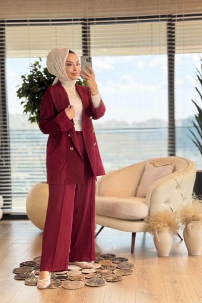 8256Y25 Arka Dantelli Metal Düğmeli Takım Bordo