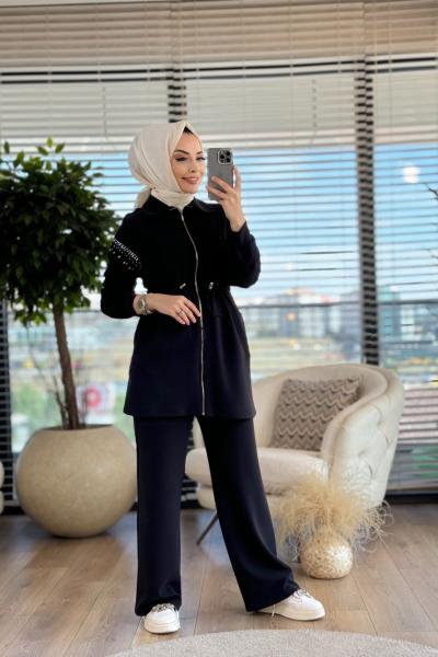 8436 Kolları Taş Detay Bel Bağcıklı Takım Siyah