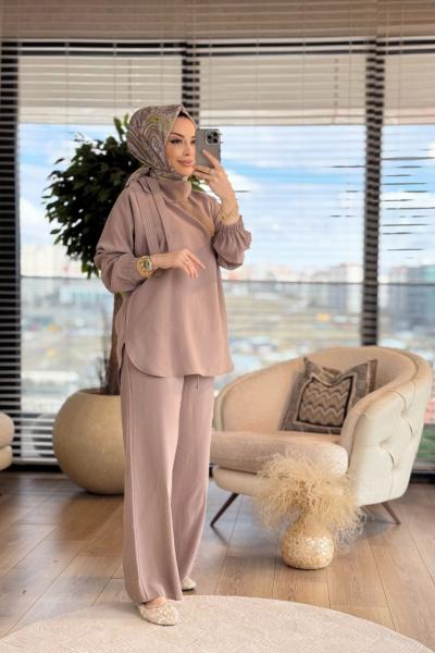 8489 Devrik Yaka Yaka Bağlamalı Takım Camel