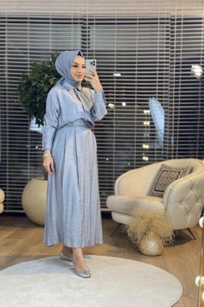 8520 Etek Beli Taş Kemerli Takım Gri