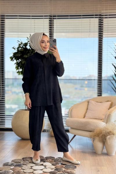 8532 Batik Gofre Paçası Dikişli Takım Siyah