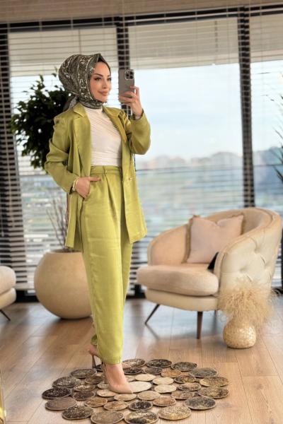 8537 Saten İki Düğme Ceket Takım Yağı Yeşili