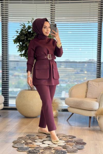 8566 Ön İki Cepli Kemerli Takım Bordo