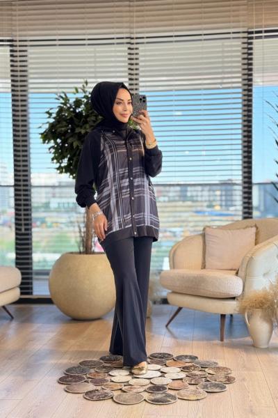 8568 Önü Ekose Desen Parçalı Takım Siyah