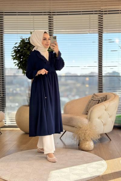 6593 Yandan Bağlamalı Yaka Kenarı Fırfırlı Elbise Lacivert