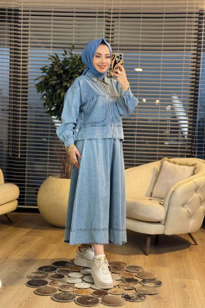 8887 Tencel Ferm. Yandan Düğmeli Etek Takım Mavi