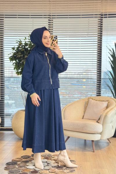 8887 Tencel Ferm. Yandan Düğmeli Etek Takım Lacivert