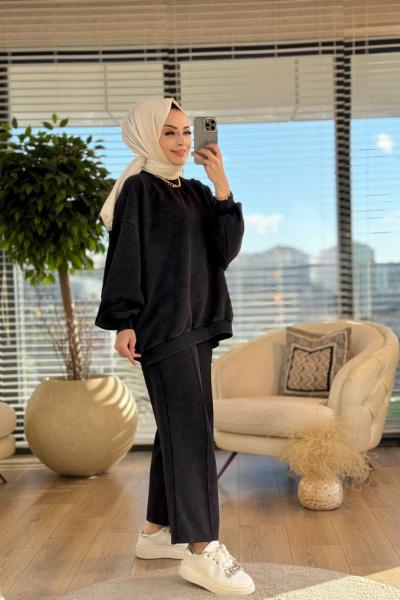 9033 Yarasa Kol Pantolon Dikişli Takım Siyah