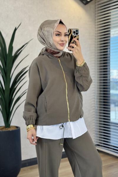 9094 Fermuarlı Crop Takım Haki