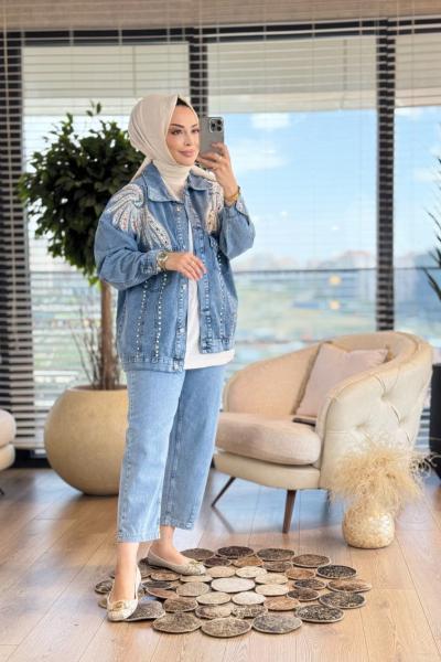 9191 Ön İnci Ve Taş İşlemeli Kot Ceket Mavi