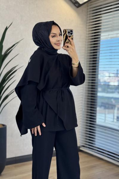 9202 Şal Detaylı Bluz Pantolon Takım Siyah