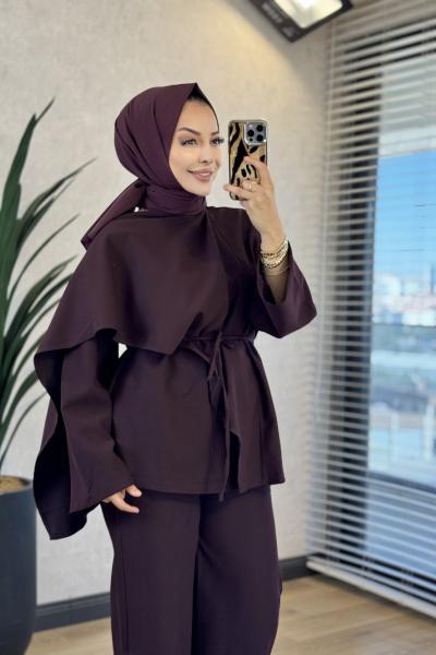 9202 Şal Detaylı Bluz Pantolon Takım Mürdüm