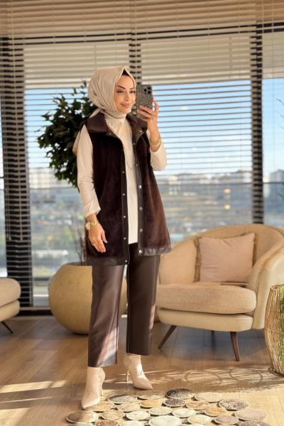 9280 Ön Çıçıtlı Kürk Yelek Kahve
