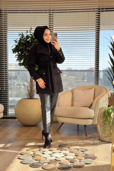9285 Yakası Pileli Kaşe Kaban Siyah