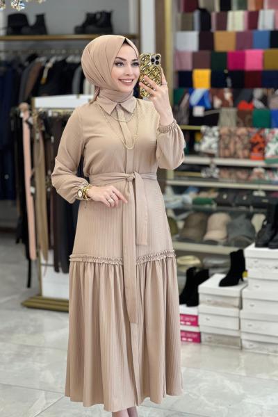 9766 Gofre Önü Düğmeli Elbise Bej