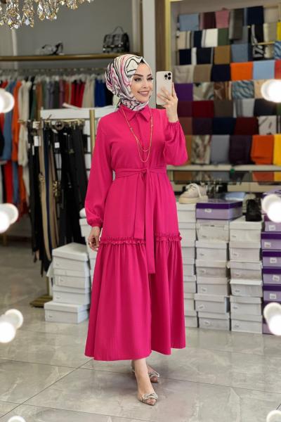 9766 Gofre Önü Düğmeli Elbise Fuşya