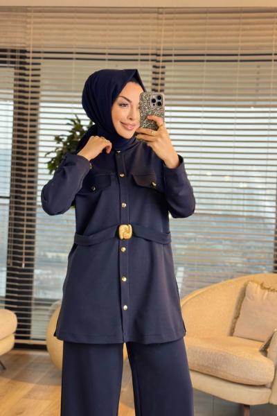 9830 Ön İki Cepli Beli Kemerli Pantolon Lacivert